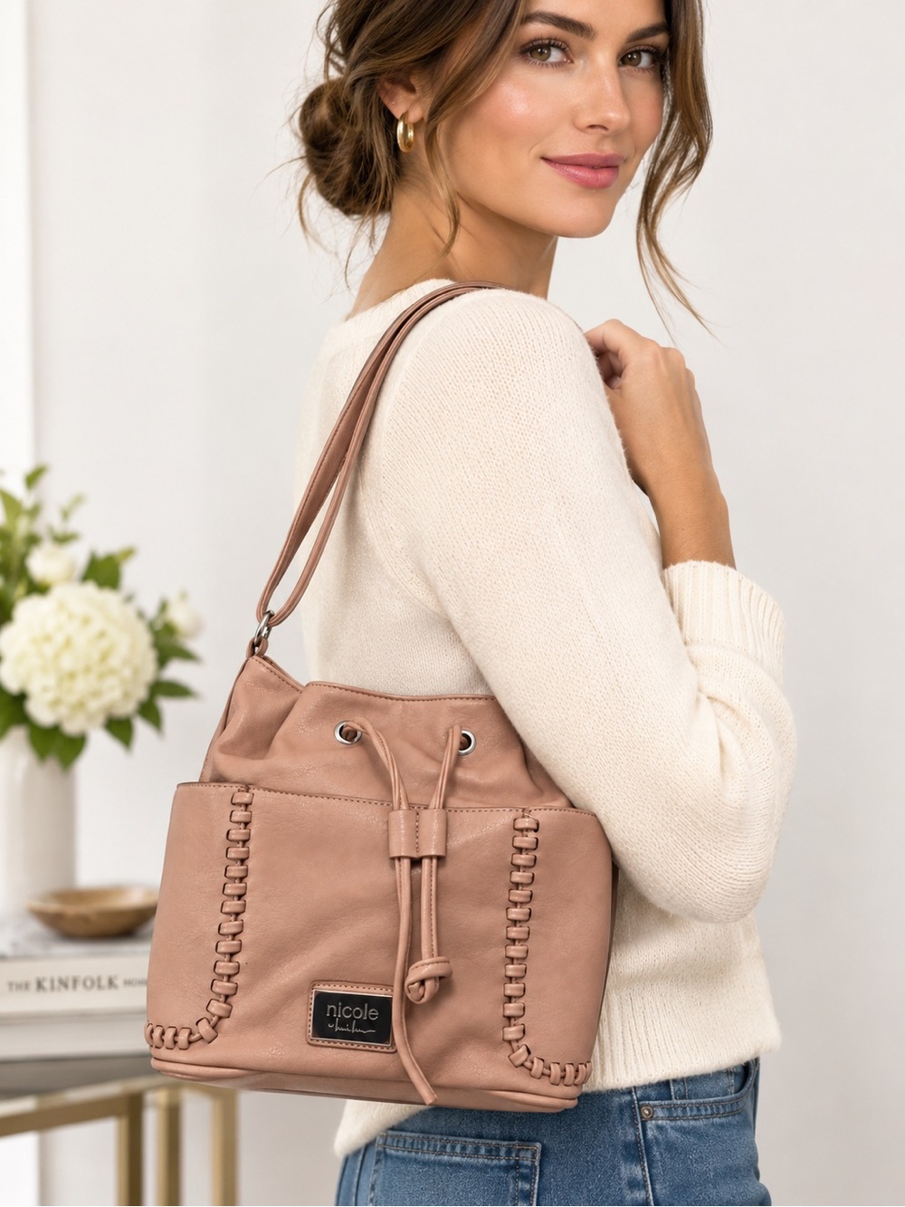 Nicole Nicole Miller Blush Pink Woven Vegan Leather Shoulder Bag Hobo